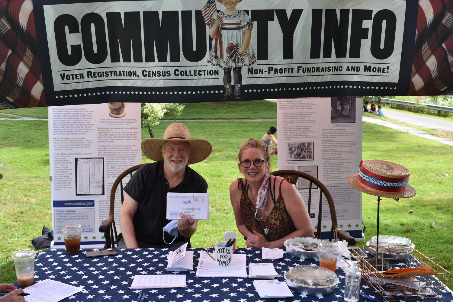 Timothy Busfield, left, and Melissa Gilbert staff a booth at the Barryville Farmers’ Market encouraging market goers to fill out the 2020 Census and to register to vote.